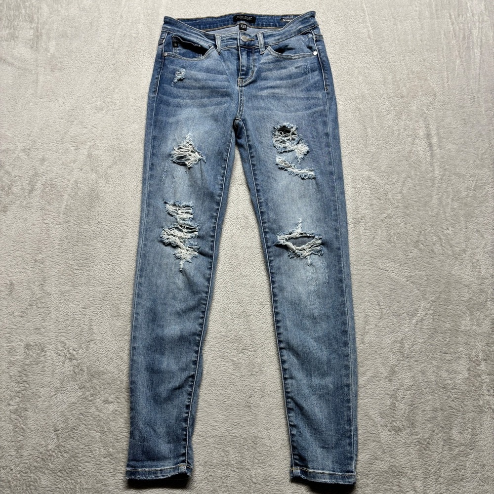 Judy Blue Jeans Womens 7/28 Blue Skinny Fit Distressed Mid Rise Stretch Med Wash